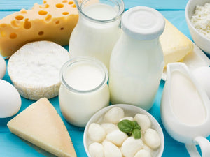 Auswahl an Bio-Milchprodukten wie Milch, Sahne und verschiedene Käsesorten
