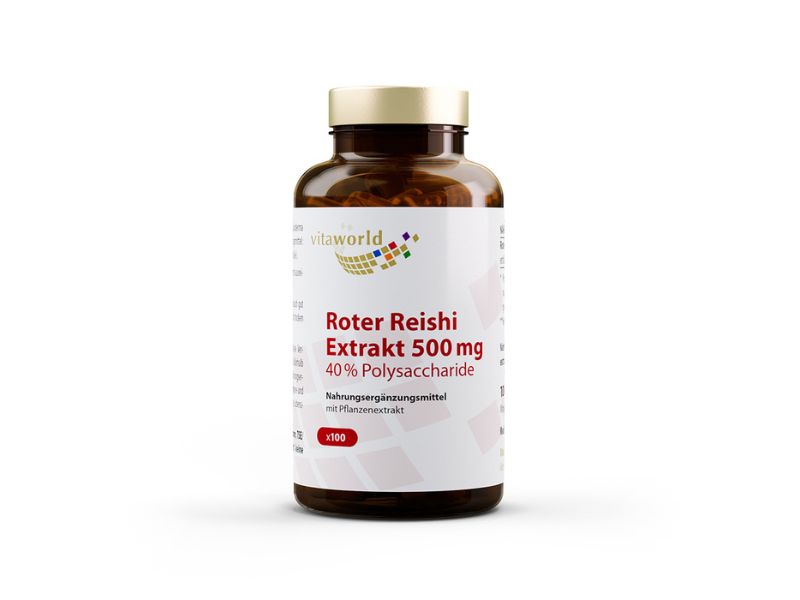 Frontalansicht auf ein Fläschchen Roter Reishi von Vita-World