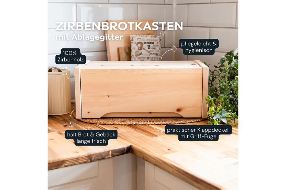 ZirbenBrotkasten | 2-teilig (Brotkasten + Ablagegitter) | Maße: 450x250x180mm