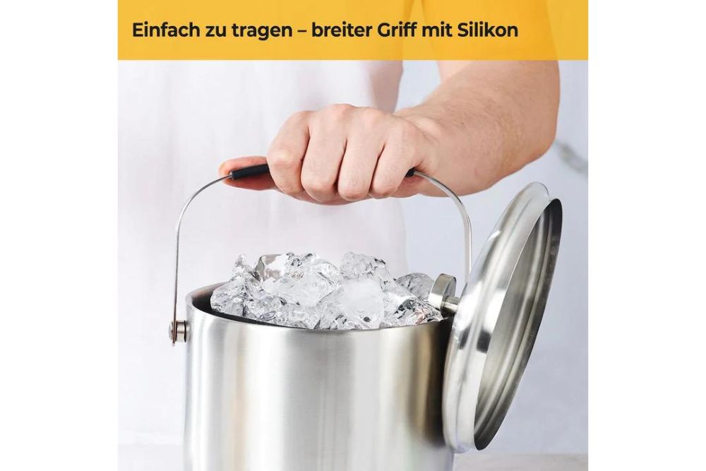 Silberthal Doppelwandig isolierter Eiswürfelbehälter aus Edelstahl mit Deckel & Zange - ohne Plastik