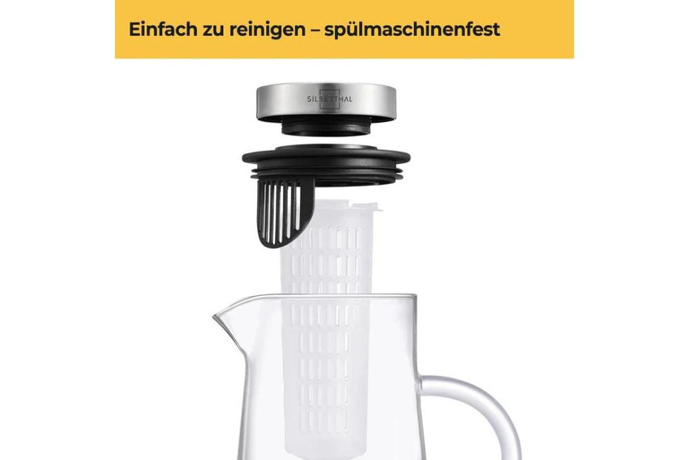 Silberthal Glaskaraffe mit Fruchteinsatz 2 Liter - Wasserkaraffe mit Deckel - Spülmaschinenfest