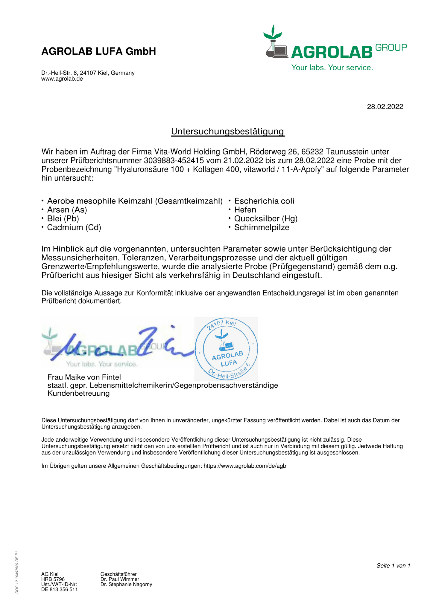 Hyaluronsäure 100 + Kollagen 400 von Vita-World