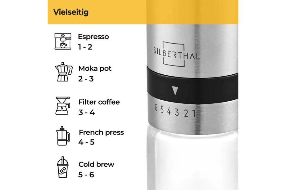 Silberthal Manuelle Kaffeemühle aus Edelstahl und Glas mit hochwertigem Kegelmahlwerk