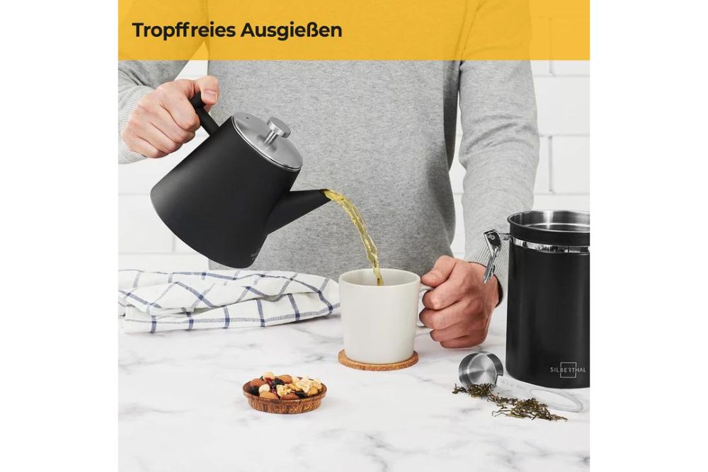 Silberthal Teekanne mit Sieb - Schwarz Matt - Doppelwandiger Edelstahl - 1 Liter