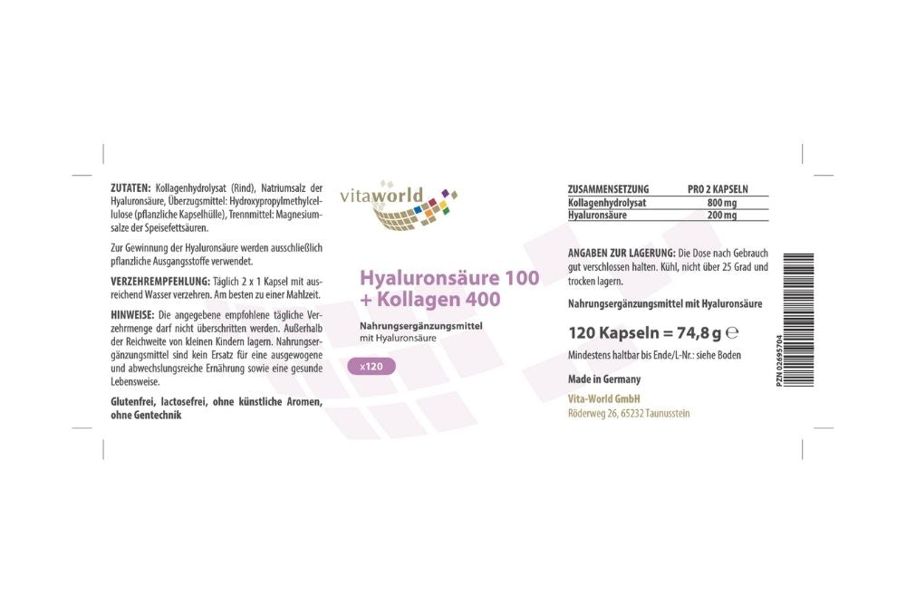 Hyaluronsäure 100 + Kollagen 400 von Vita-World