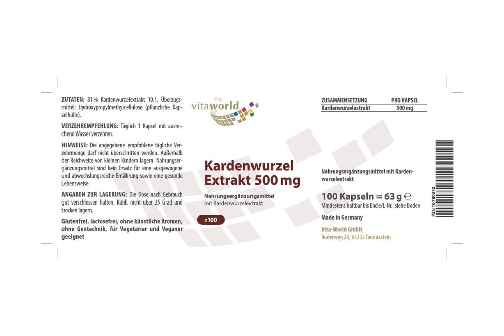 Kardenwurzel Extrakt 500 mg von Vita-World